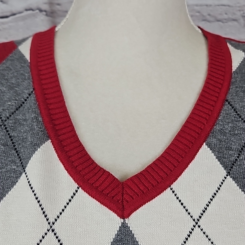 St John Bay Argyle V Neck Sweater Red Grey White Med NWT Cotton - Picture 3 of 11